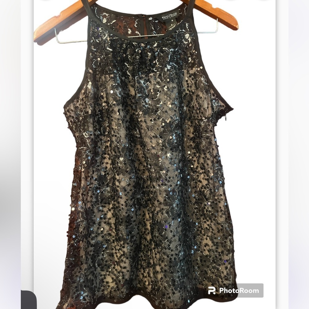 White House Black Market Black Sequined Top Dressy Sz S Classy